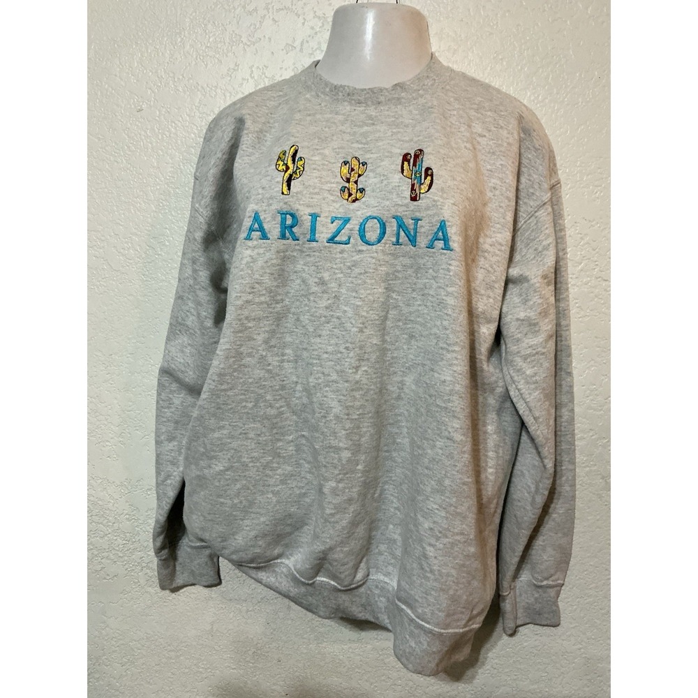 Vintage Arizona Crewneck Sweatshirt Mens L Grey Gildan Embroidered Cactus